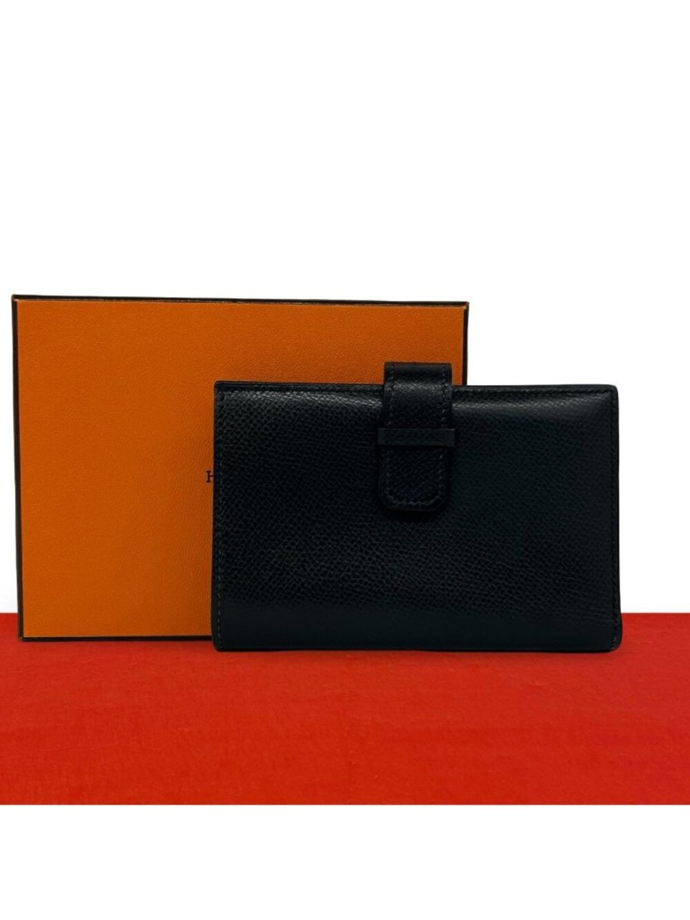 Hermes Jura Veau Epsom Bifold Wallet Mini Card Case Coin Purse Black
